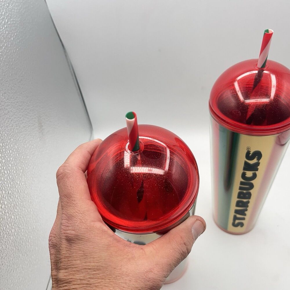 Starbucks 2024 Metallic Red, Green & Gold Stripe Cold Cup - Set Of 2 - Picture 10 of 16